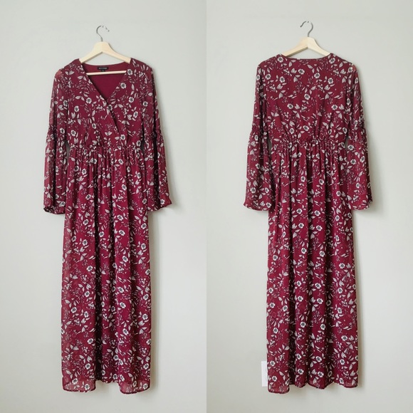 {As U Wish} Boho Burgundy Floral Maxi Dress - Picture 3 of 4